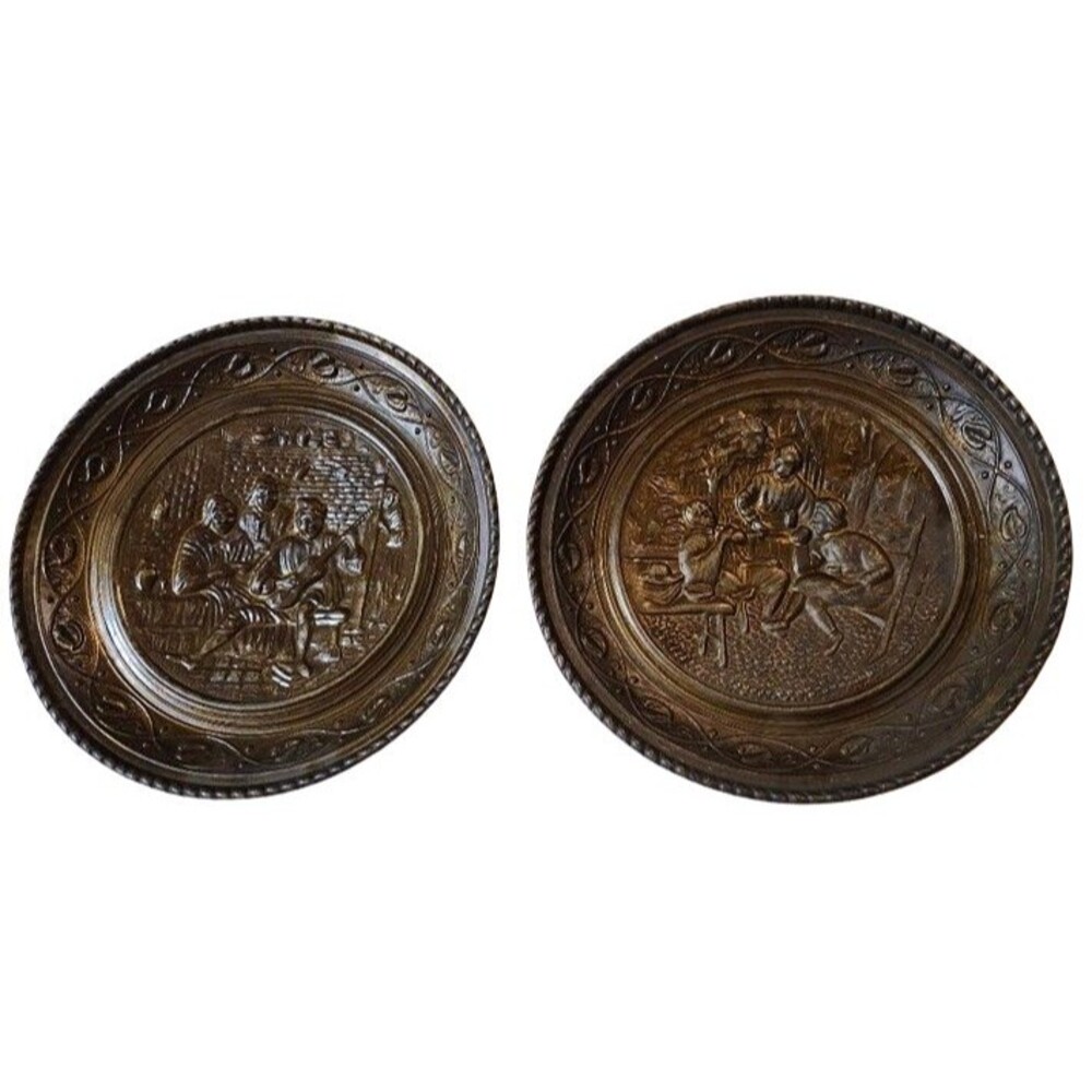 T8  Set of 2 Vintage Intricate Wall Hanging Brass 9.75" Embossed Plates Plaques